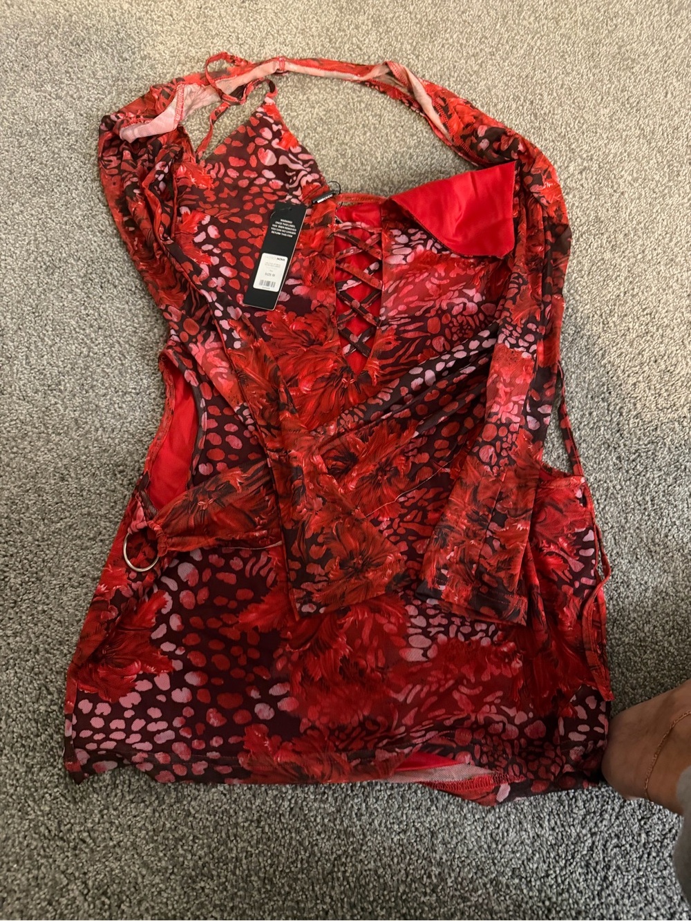 Fashion Nova Red Floral Lace-Up Halter Mini Dress